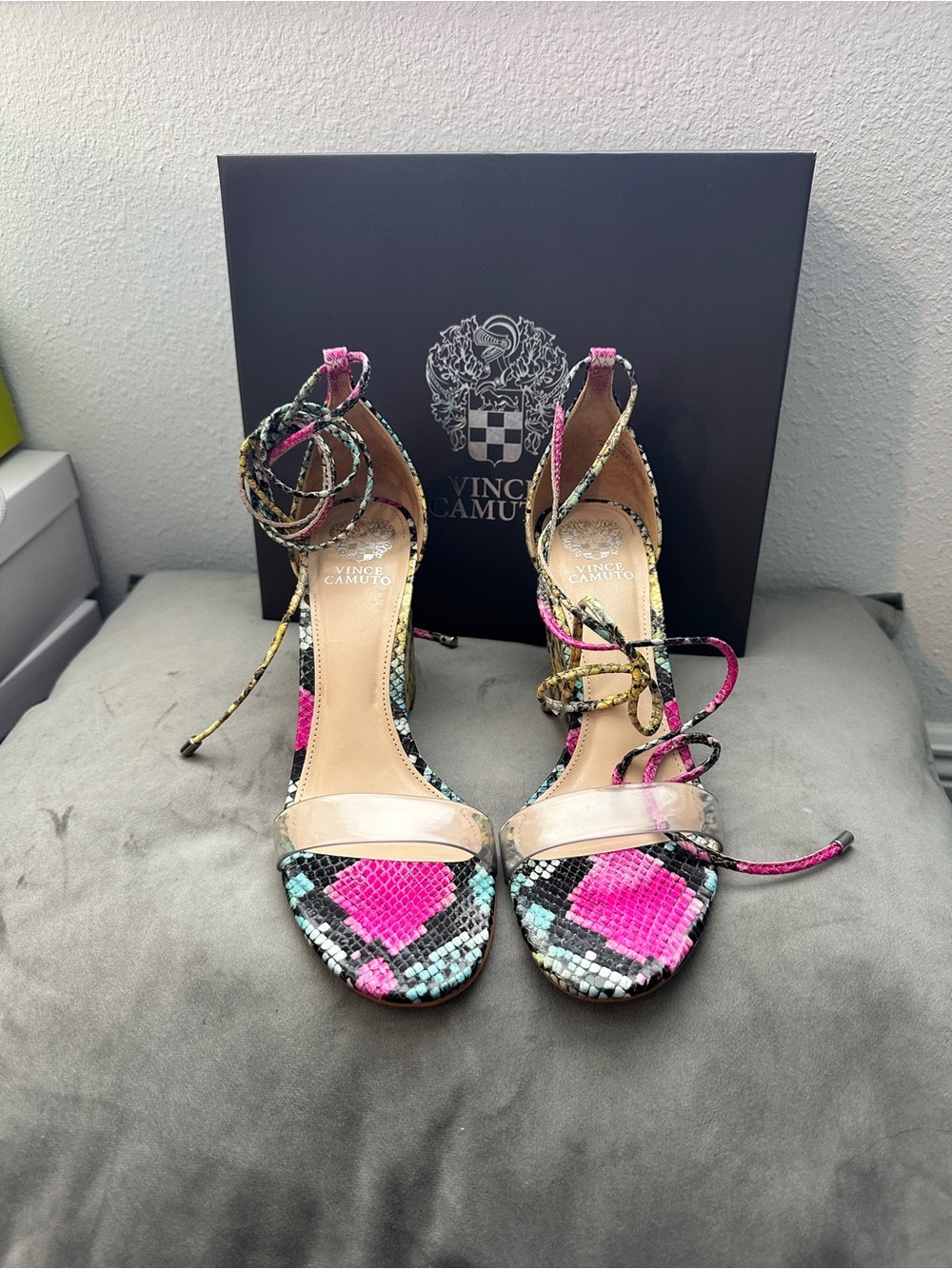 Vince Camuto Pink Multicolor Snakeskin Lace-Up Heels